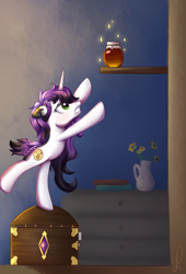 Size: 1500x2200 | Tagged: safe, artist:divlight, oc, oc only, species:pony, species:unicorn, chest, food, honey, solo, vase