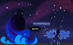 Size: 1600x1000 | Tagged: safe, artist:anarchemitis, character:nightmare moon, character:princess luna, species:alicorn, species:pony, crossover, cucumber quest, dialogue, duo, ethereal mane, female, galaxy mane, hoof shoes, mare, nightmare knight, similarities, space, speech bubble, starry backdrop, xk-class end-of-the-world scenario