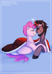 Size: 900x1273 | Tagged: safe, artist:evange, character:king sombra, character:pinkie pie, adoraberry, beard, boop, bubble berry, cape, clothing, crack shipping, cuddling, cute, diapinkes, eyes closed, facial hair, fangs, gay, grin, half r63 shipping, heart, male, noseboop, one eye closed, prone, rule 63, rule63betes, shipping, smiling, snuggling, sombraberry, sombradorable, sombrapie, wink