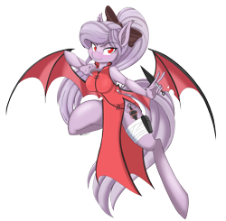 Size: 3869x3789 | Tagged: safe, artist:demonfox, oc, oc only, oc:violet thorn, species:anthro, species:bat pony, species:unguligrade anthro, anthro oc, bandage, bow, breasts, cheongsam, clothing, commission, dress, female, hair bow, jumping, kunai, kunoichi, lidded eyes, looking at you, ninja, side slit, simple background, slit eyes, solo, spread wings, transparent background, weapon, wings