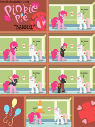 Size: 1500x2000 | Tagged: safe, artist:kinrah, character:nurse redheart, character:pinkie pie, bucket, clothing, comic, disguise, hat, hospital, pinkie pyro, propeller hat, scarf, team fortress 2, traffic cone