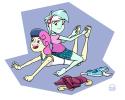 Size: 1500x1200 | Tagged: safe, artist:coffeeburger, character:bon bon, character:lyra heartstrings, character:sweetie drops, ship:lyrabon, my little pony:equestria girls, barefoot, blushing, boots, clothing, crying, dress, feet, female, foot fetish, laughing, lesbian, open mouth, shipping, shoes, smiling, socks, tears of laughter, tickling
