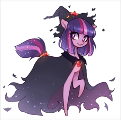 Size: 1079x1065 | Tagged: safe, artist:liliumena, character:twilight sparkle, alternate hairstyle, cloak, clothing, cute, female, grin, hat, heart eyes, jewelry, looking at you, missing horn, pendant, raised hoof, simple background, smiling, solo, tail wrap, twiabetes, white background, wingding eyes, witch hat