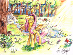Size: 3240x2438 | Tagged: safe, artist:mannybcadavera, character:fluttershy, species:bird, bird nest, butterfly, crepuscular rays, eyes closed, female, floppy ears, forest, mushroom, musical instrument, pond, smiling, solo, traditional art, water, waterfall