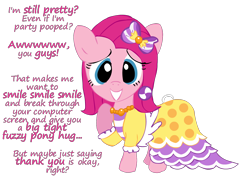 Size: 1528x1111 | Tagged: safe, artist:newportmuse, part of a set, character:pinkamena diane pie, character:pinkie pie, alternate hairstyle, beautiful, breaking the fourth wall, bronybait, clothing, dialogue, dress, everypony is beautiful, female, gala dress, looking at you, part of a series, raised hoof, simple background, smiling, solo, transparent background