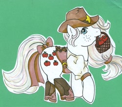Size: 636x556 | Tagged: safe, artist:skypinpony, character:applejack (g1), g1, apple, basket, boots, clothing, cowboy boots, cowboy hat, female, food, hat, mouth hold, sheriff, solo, traditional art