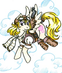 Size: 587x688 | Tagged: safe, artist:skypinpony, character:lofty, g1, art trade, boots, clothing, cloud, female, flying, goggles, hat, markers, scarf, solo, steampunk, traditional art