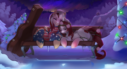 Size: 4777x2578 | Tagged: safe, artist:shnider, oc, oc only, absurd resolution, bench, case, christmas lights, christmas tree, commission, eyes closed, happy, scenery, snow, tree