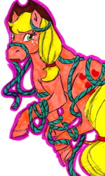 Size: 384x640 | Tagged: safe, artist:skypinpony, character:applejack, character:applejack (g1), g1, clothing, cowboy hat, female, hat, rope, solo, stetson, tangled up, traditional art