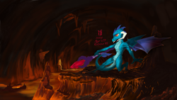 Size: 2195x1235 | Tagged: safe, artist:skrapbox, character:princess ember, species:dragon, bloodstone scepter, claws, dragon lord ember, dragon wings, dragoness, female, horns, lava, magma, pointing, queen, solo, spread wings, wings, wip
