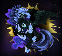 Size: 1580x1435 | Tagged: safe, artist:taiga-blackfield, character:nightmare moon, character:princess luna, bat wings, crown, crying, eclipse, female, hybrid wings, jewelry, regalia, solar eclipse, solo, stars