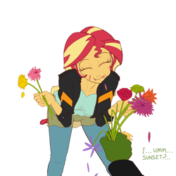 Size: 1000x1000 | Tagged: safe, artist:janji009, character:sunset shimmer, oc, oc:anon, species:human, my little pony:equestria girls, clothing, cute, dialogue, duo, eating, eyes closed, female, flower, homesick shimmer, horses doing horse things, humans doing horse things, jacket, pants, shimmerbetes, simple background, sunset wants her old digestive system back, white background