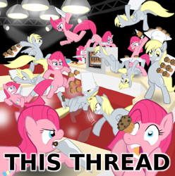 Size: 890x898 | Tagged: safe, artist:shutterflye, edit, character:derpy hooves, character:pinkamena diane pie, character:pinkie pie, species:pegasus, species:pony, caption, cupcakes vs muffins, eye scream, female, fight, food, image macro, knife, mare, meme, muffin, reaction image