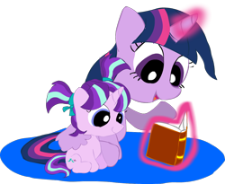 Size: 1148x943 | Tagged: safe, artist:newportmuse, character:starlight glimmer, character:twilight sparkle, character:twilight sparkle (alicorn), species:alicorn, species:pony, adoption, best aunt ever, book, filly, glimmerdoption, hug, levitation, magic, open mouth, simple background, sitting, smiling, telekinesis, transparent background, winghug, younger