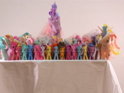 Size: 4000x3000 | Tagged: safe, artist:flutterflyraptor, character:applejack, character:fluttershy, character:lyra heartstrings, character:pinkie pie, character:princess cadance, character:princess celestia, character:princess luna, character:rainbow dash, character:rarity, character:trixie, character:twilight sparkle, character:twilight sparkle (alicorn), character:winona, species:alicorn, species:pony, g1, g3, absurd resolution, brushable, irl, mane six, photo, square crossover, toy