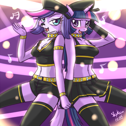Size: 800x800 | Tagged: safe, artist:skykain, character:twilight sparkle, species:anthro, blushing, breasts, busty twilight sparkle, crossover, duo, female, kagamine len, kagamine rin, littlest pet shop, midriff, twilight barkle, vocaloid, zoe trent