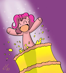 Size: 1024x1117 | Tagged: safe, artist:koku-chan, character:pinkie pie, cake, female, food, pop out cake, popping out of a cake, signature, simple background, solo, surprised
