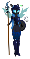 Size: 1763x3485 | Tagged: safe, artist:e-e-r, species:changeling, my little pony:equestria girls, armor, changeling guard, digital art, equestria girls-ified, fangs, female, glaive, heart, helmet, shield, simple background, solo, transparent background, vector, weapon