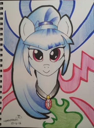 Size: 956x1308 | Tagged: safe, artist:emichaca, character:sonata dusk, female, jewelry, looking at you, necklace, ponified, smiling, solo, traditional art