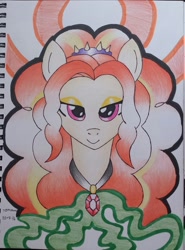 Size: 961x1302 | Tagged: safe, artist:emichaca, character:adagio dazzle, female, jewelry, looking at you, necklace, ponified, smiling, solo, traditional art
