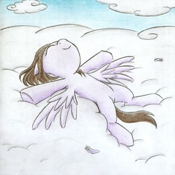 Size: 871x866 | Tagged: safe, artist:islamilenaria, oc, oc only, species:pegasus, species:pony, cloud, female, mare, on back, sleeping, solo, traditional art