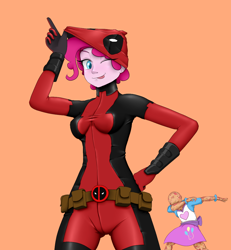 Size: 1000x1080 | Tagged: safe, artist:janji009, character:pinkie pie, my little pony:equestria girls, bracelet, breasts, clothes swap, clothing, costume, costume swap, crossover, dab, deadpool, duo, female, jewelry, marvel, one eye closed, orange background, pinkiepool (pairing), simple background, skirt, tongue out, wade wilson, wink