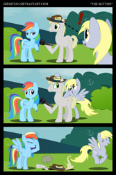 Size: 1024x1534 | Tagged: safe, artist:diegotan, character:derpy hooves, character:rainbow dash, oc, oc:rollback, species:earth pony, species:pegasus, species:pony, clothing, comic, facehoof, female, hat, laughing, male, mare, microphone, pun, pushing, reporter, stallion