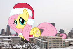 Size: 2000x1350 | Tagged: safe, artist:theotterpony, character:fluttershy, species:pegasus, species:pony, christmas, clothing, female, giant pony, hat, highrise ponies, irl, macro, mare, photo, ponies in real life, santa hat, smiling, solo
