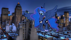 Size: 1920x1080 | Tagged: safe, artist:theotterpony, character:princess luna, species:alicorn, species:pony, giant pony, highrise ponies, irl, macro, mega luna, new york city, photo, ponies in real life, solo
