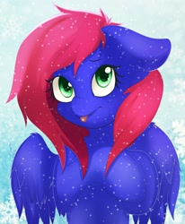 Size: 1054x1280 | Tagged: safe, artist:evange, oc, oc only, oc:night coder, species:pegasus, species:pony, bust, female, looking at you, mare, portrait, snow, snowfall, snowflake, solo, tongue out, wings