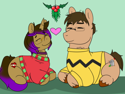 Size: 1440x1080 | Tagged: safe, artist:deltafairy, oc, oc only, oc:creme de cocoa, oc:precious peridots, species:earth pony, species:pony, species:unicorn, christmas, christmas sweater, clothing, female, holly, holly mistaken for mistletoe, lying down, male, mare, ponyloaf, sitting, stallion, sweater