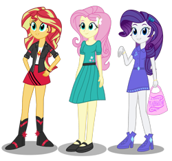 Size: 1903x1783 | Tagged: safe, artist:drewmwhit, character:fluttershy, character:rarity, character:sunset shimmer, my little pony:equestria girls, boots, clothing, college, cute, dress, hairpin, hand on hip, handbag, high heel boots, high heels, jacket, leather jacket, looking at you, mary janes, outfits, shoes, simple background, skirt, smiling, transparent background, trio