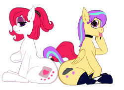 Size: 2611x1897 | Tagged: safe, artist:tacodeltaco, derpibooru original, oc, oc only, oc:marshmallow, oc:star shower, species:earth pony, species:pegasus, species:pony, derpibooru community collaboration, 2017 community collab, beauty mark, choker, clothing, collar, female, hair tie, lidded eyes, looking at you, mare, ponytail, profile, simple background, sitting, smiling, socks, tail wrap, tongue out, transparent background, underhoof