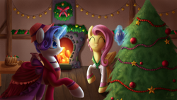 Size: 1920x1080 | Tagged: safe, artist:divlight, character:fluttershy, character:rarity, episode:a hearth's warming tail, g4, my little pony: friendship is magic, christmas tree, christmas wreath, clothing, decorating, decoration, dress, duo, eyes closed, fireplace, flutterholly, food, magic, merry, pastry, raised hoof, tree
