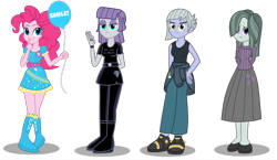 Size: 1761x1022 | Tagged: dead source, safe, artist:drewmwhit, character:boulder, character:limestone pie, character:marble pie, character:maud pie, character:pinkie pie, my little pony:equestria girls, badge, balloon, beautiful, boots, clothing, diamond, dress, equestria girls-ified, hair over one eye, high heel boots, pants, shoes, siblings, sisters, trousers