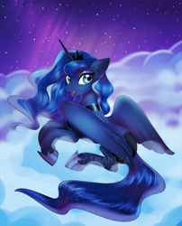 Size: 586x725 | Tagged: safe, artist:imanika, character:princess luna, species:alicorn, species:pony, g4, beautiful, clothing, cloud, crown, cute, female, hoof shoes, jewelry, looking back, lunabetes, mare, necklace, night, open mouth, peytral, prone, regalia, shoes, smiling, solo, stars, three quarter view, wings