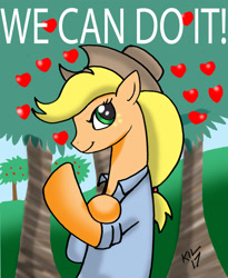 Size: 1024x1250 | Tagged: safe, artist:koku-chan, character:applejack, species:earth pony, species:pony, apple tree, female, parody, poster, rolled up sleeves, rosie the riveter, signature, solo, tree, we can do it!