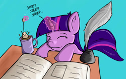 Size: 1576x988 | Tagged: safe, artist:greenfinger, character:twilight sparkle, species:pony, book, eyes closed, female, food, ink, magic, magic glow, mare, quill, smiling, solo, sweepsweepsweep, tea, teabag, telekinesis