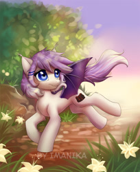 Size: 735x900 | Tagged: safe, artist:imanika, oc, oc only, oc:sweet tooth, species:bat pony, species:pony, blue eyes, commission, cute, fangs, female, flower, mare, ocbetes, path, scenery, signature, solo, ych result