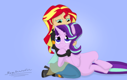 Size: 3750x2379 | Tagged: safe, artist:megaanimationfan, character:starlight glimmer, character:sunset shimmer, my little pony:equestria girls, duo, gradient background, hug, human and pony, kneeling, lidded eyes, looking at each other, signature, smiling