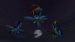 Size: 1920x1080 | Tagged: safe, artist:charlydasher, character:rainbow dash, character:soarin', character:spitfire, species:pony, 3d, clothing, full moon, gmod, moon, night, nightwatch, stars, wonderbolts, wonderbolts uniform
