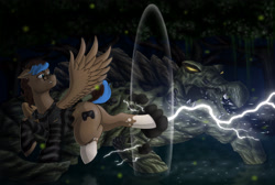 Size: 4000x2685 | Tagged: safe, artist:anadukune, oc, oc only, oc:playthrough, species:pegasus, species:pony, bucking, clothing, cloud, cragadile, crocodile, fight, forest, glasses, glowing eyes, hoodie, lightning, looking back, male, reptile, spread wings, stallion, torn clothes, water, wings
