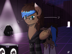 Size: 2800x2100 | Tagged: safe, artist:elzielai, oc, oc only, oc:playthrough, species:pony, building, clothing, controller, cutie mark, dark, folded wings, glasses, group, hoodie, japanese, looking at something, looking down, male, nerd, nerd pony, pedestal, purple, silhouette, simulation, solo, spotlight, spread wings, stalker, stallion, wings
