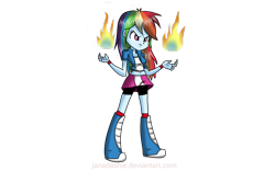 Size: 1280x800 | Tagged: safe, artist:janadashie, character:rainbow dash, my little pony:equestria girls, belly button, boots, clothing, compression shorts, female, fire, midriff, short shirt, shorts, simple background, skirt, skirt lift, solo, transparent background
