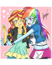 Size: 800x1002 | Tagged: safe, artist:janadashie, character:rainbow dash, character:sunset shimmer, ship:sunsetdash, my little pony:equestria girls, belly button, blushing, clothing, compression shorts, female, heart, lesbian, midriff, shipping