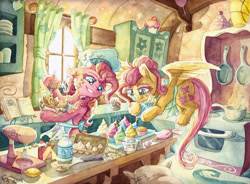 Size: 6886x5064 | Tagged: safe, artist:the-wizard-of-art, character:fluttershy, character:pinkie pie, species:earth pony, species:pegasus, species:pony, apron, baking, batter, bowl, clothing, colored eyelashes, cookbook, cupcake, cute, dessert, detailed, duo, egg, featured on derpibooru, female, flour, fluffy, food, frosting, hair bun, hat, indoors, kitchen, licking, licking lips, lon lon milk, mare, messy mane, milk, mixer, oven, prehensile mane, stirring, stove, sugarcube corner, table, the legend of zelda, tongue out, traditional art, window