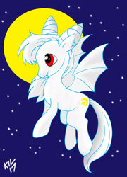 Size: 1024x1420 | Tagged: safe, artist:koku-chan, oc, oc only, oc:kita, species:bat, species:bat pony, species:pony, bat pony oc, cute, cutie mark, fangs, flying, moon, ponified, signature, solo, stars