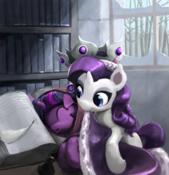 Size: 889x921 | Tagged: safe, artist:bakuel, character:clover the clever, character:rarity, character:twilight sparkle, species:pony, blanket, book, bookshelf, cape, clothing, crown, cute, drool, duo, duo female, female, jewelry, mouth hold, princess platinum, regalia, sleeping, snow, twiabetes, window, winter