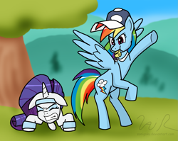 Size: 1595x1268 | Tagged: safe, artist:sonigoku, character:rainbow dash, character:rarity, blowing, clothing, coach, coach rainbow dash, exercise, floppy ears, hat, puffy cheeks, push-ups, rainblow dash, rainbow dashs coaching whistle, sweat, sweatband, training, whistle, whistle necklace