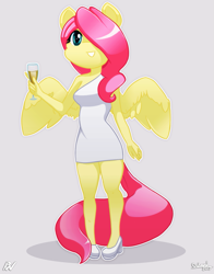 Size: 1015x1295 | Tagged: safe, artist:oatmeal, artist:pixel's workstation, character:fluttershy, species:anthro, species:plantigrade anthro, alcohol, champagne, clothing, dress, female, high heels, solo